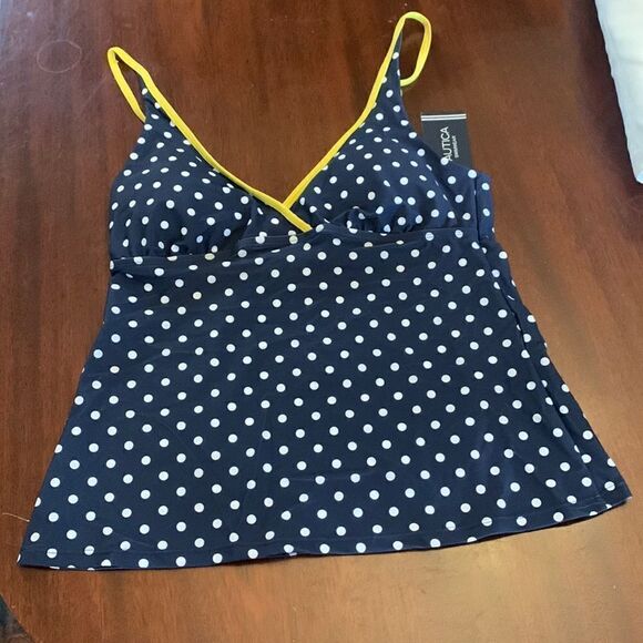 Nautica navy white polka dot bathing suit top with yellow trim Size M NWT - Picture 1 of 6